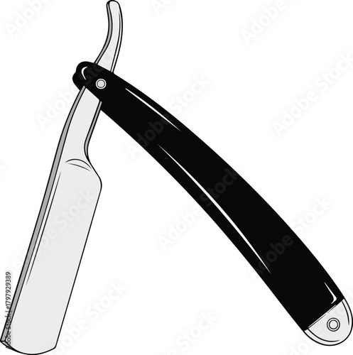 Classic black handled straight razor with polished steel blade opened and ready for use on a white background