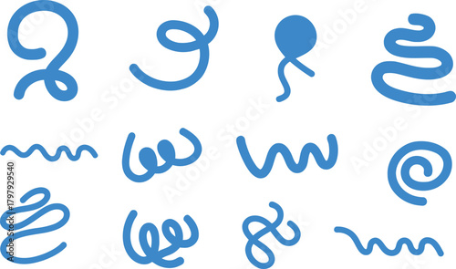 Collection of abstract blue doodle shapes and squiggles on a white background
