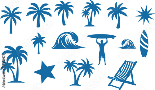 Collection of blue tropical palm trees surfing wave surfboard beach chair and starfish icons on white background
