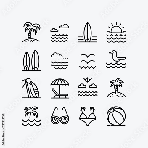 Travel icons set with summer beach and nautical symbols vector illustration