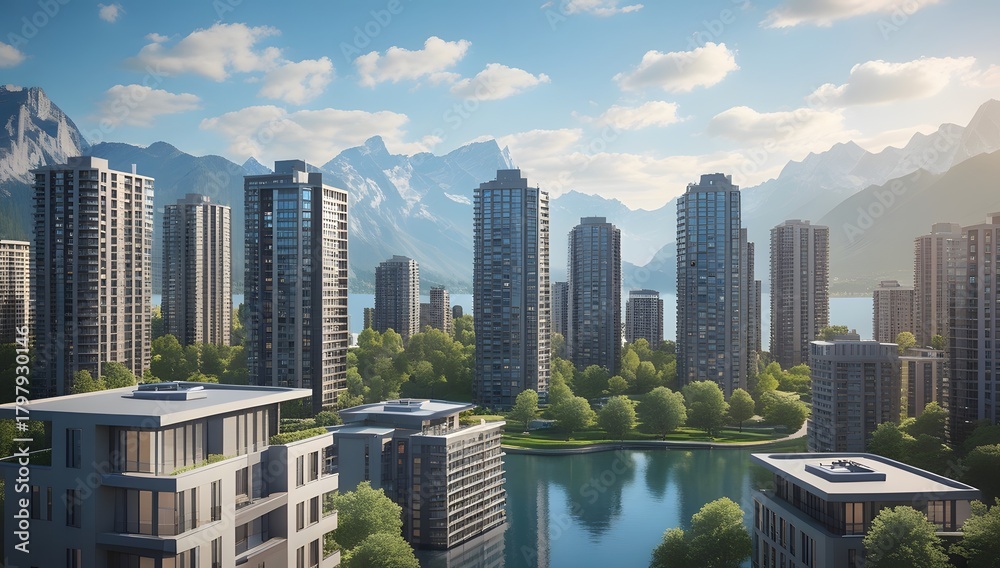 Obraz premium Contemporary Cityscape Skyline Viewed from Calm Lake