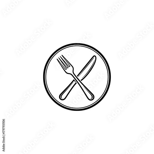 A minimalist black and white icon of a crossed fork and knife inside a circle representing a plate.