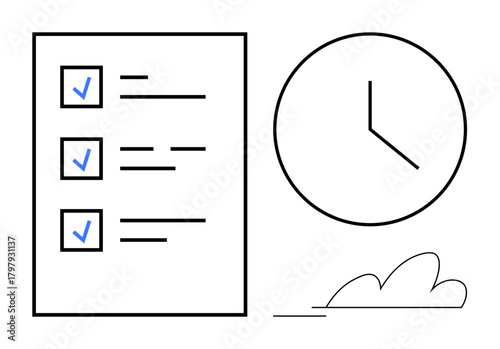 Checklist with marked tasks, a clock representing time, and a minimal cloud element. Ideal for productivity, task planning, goal setting, time tracking, deadlines, project management simple flat