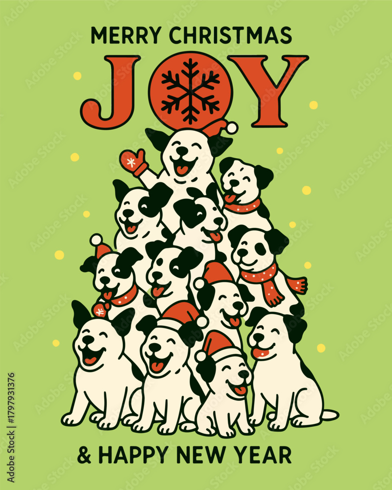 Naklejka premium Merry Christmas cartoon greeting card design illustration with a funny happy Santa Claus, snowman, deer, and gift decoration vector