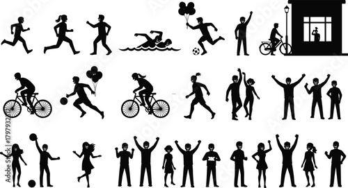 “Active recreation silhouettes of people running cycling dancing swimming playing celebrating in diverse outdoor lifestyle activities”