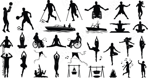 “Inclusive sports silhouettes featuring yoga dancing boating wheelchair activities fitness meditation outdoor recreation and active lifestyle icons”