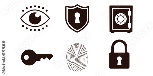 Six dark brown security icons on white background protection