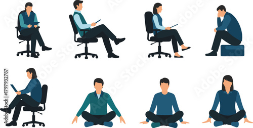 Collection of diverse sitting people illustrations in office chairs and meditation poses showing work focus relaxation and mindfulness scene
