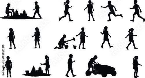 Collection of playful children silhouette illustrations running, walking and building sandcastles, outdoor activity vector set for creative design projects