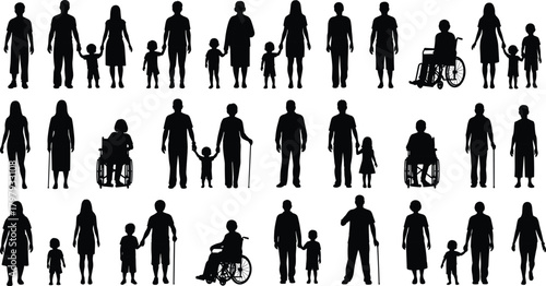 Diverse family and community illustration showing adults children seniors and wheelchair users in inclusive colorful standing and walking poses