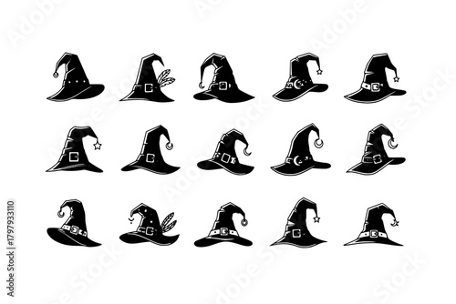 vector set of Illustration of different witch hats isolated on white
