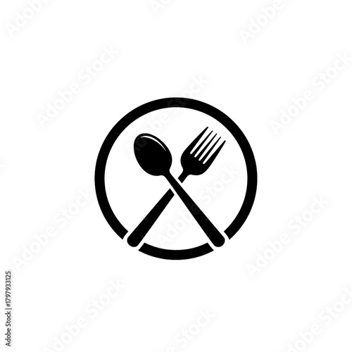 Black and white icon of a crossed spoon and fork inside a circular frame, symbolizing food and dining.