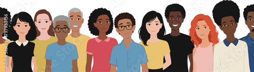 Diverse group of people illustration, multicultural community characters, inclusive crowd portrait design for social unity and teamwork themes