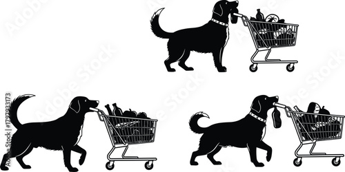 Dog silhouettes pushing grocery carts with food items playful pet shopping concept humorous animal market illustration design