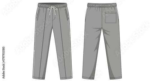 Gray athletic drawstring track pants with side stripe sketch