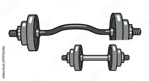 Gym workout equipment: ez curl bar and dumbbell set vector art