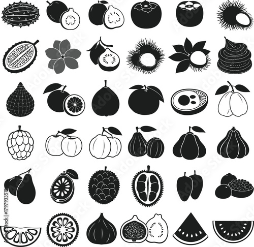 Diverse Fruit Icons In Black And White With Some Color Accents And Textures kiwano guava