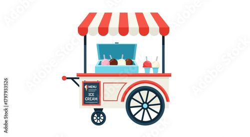 Ice cream cart with striped canopy and various flavors for sale.