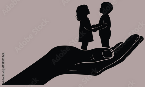 Silhouette children standing on protective hand, symbolic care support concept, nurturing safety illustration for creative stock design