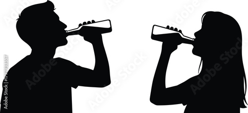 Silhouette man and woman drinking from bottles, casual beverage consumption scene, black outline couple illustration for stock design