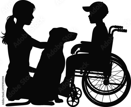Silhouette of boy in wheelchair with therapy dog interacting with woman, representing support, care, companionship and disability inclusion