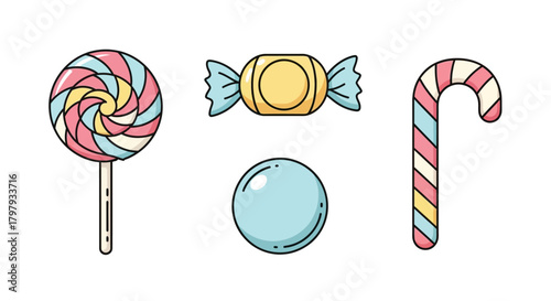 Colorful candy collection: lollipop, wrapped, gumball, candy cane.