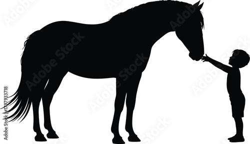 Silhouette of child gently touching horse in peaceful outdoor scene showing friendship, trust, bonding, innocence and animal connection