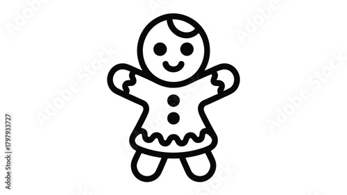 Simple and charming hand drawn outline illustration of a gingerbread man cookie with a happy face and button details silhouette