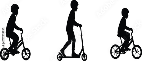 Silhouette of children riding bicycle and scooter wearing helmets, outdoor activity kids shapes for sports, safety and recreation designs