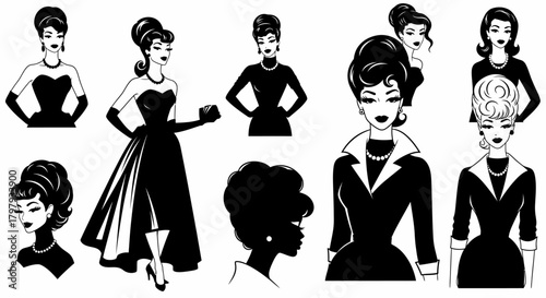 Classic fashion portraits of elegant women, vintage style vector art.