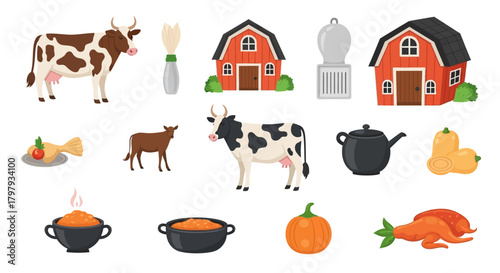 Farm life elements: cows, barn, fresh produce, and cooked meals