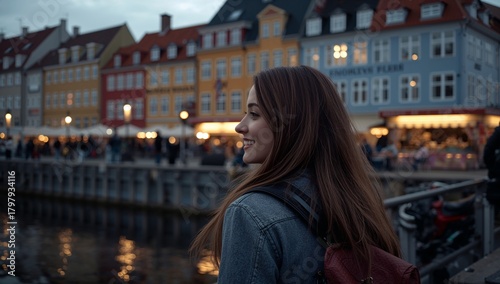 Enjoying an Evening Walk Along the Colorful Waterfront in a Lively European City