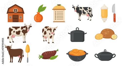 Farm and kitchen flat icons collection: agriculture and cooking