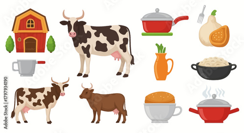 Cartoon collection of farm animals, barn, and kitchen food items