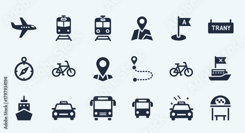 Travel and navigation icons set featuring various transport modes.