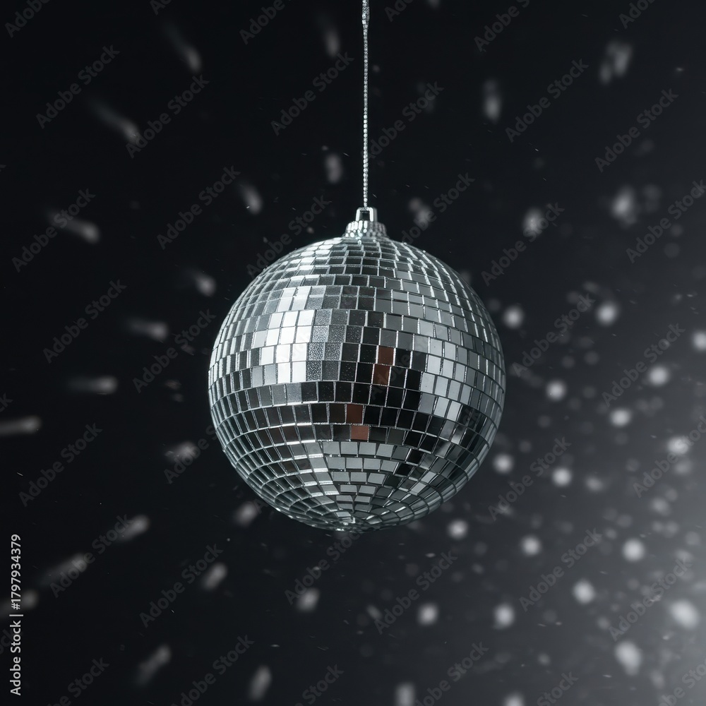 Obraz premium Reflective silver disco ball decoration suspended in mid-air, catching ambient light for a festive, celebratory mood ,round, event, mirror
