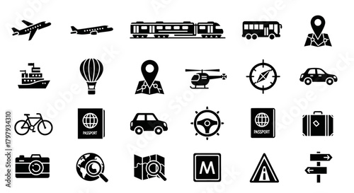 Comprehensive travel and transportation glyph icons collection