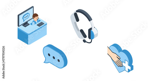 Customer service icons set: call center, headset, chat, and care