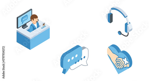 Isometric customer support, online assistance, and healthcare icons.