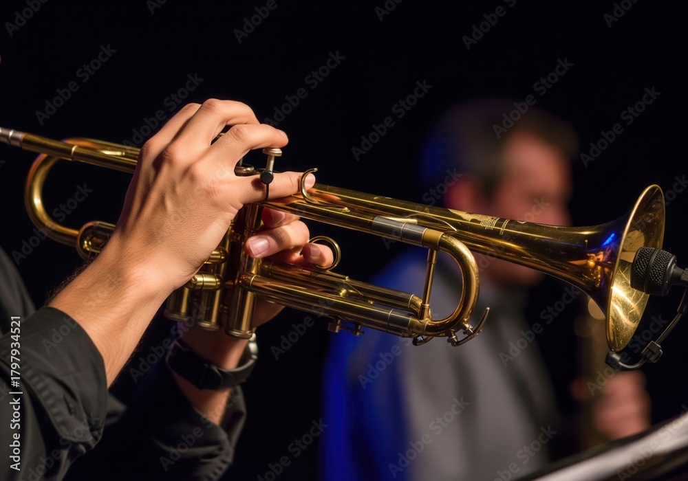 Obraz premium Close-up view of musician's hands playing a shiny brass trumpet during a live performance