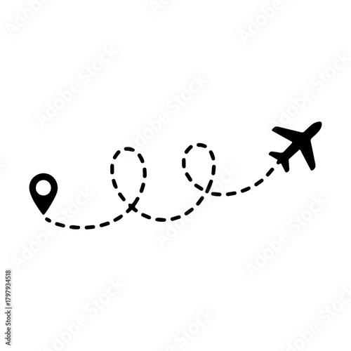 Airplane with dashed flight path and location pin, travel route icon, aviation navigation illustration, trip planner concept, isolated black silhouette graphic