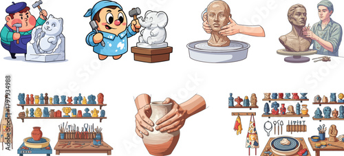 Sculpture, Pottery, and Clay Art Vector Illustrations Set
