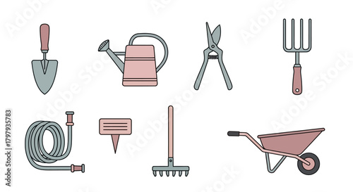 Essential gardening tools collection illustration in flat design