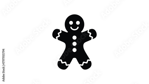 A cheerful black silhouette of a classic gingerbread man cookie with icing details against a stark white background representing a festive holiday treat silhouette