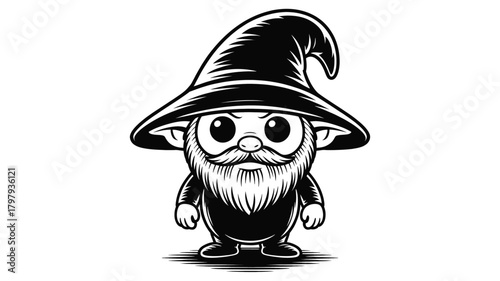 A whimsical black and white cartoon illustration of a friendly gnome wearing a pointed wizard hat and a long beard presented in a striking silhouette style