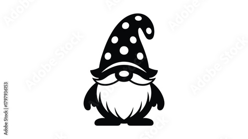 Whimsical black and white silhouette of a charming garden gnome with a polka dot hat and long white beard standing tall and proud silhouette