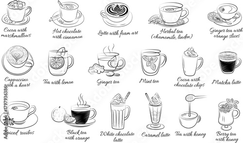 Cute winter drinks doodle set featuring hand-drawn cocoa, latte, hot chocolate, herbal tea, matcha, and spiced beverages. Cozy seasonal illustrations with marshmallows, cinnamon sticks, citrus slices.