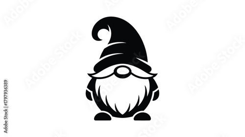 A classic black silhouette of a charming garden gnome with a pointed hat and long white beard standing upright against a white background silhouette