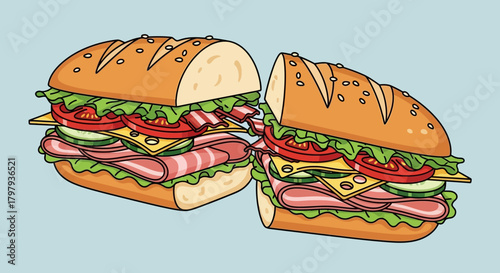 Delicious cartoon submarine sandwiches with fresh ingredients.