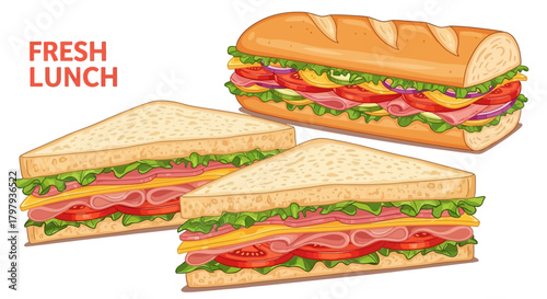 Delicious deli sandwiches and sub roll for a fresh lunch meal